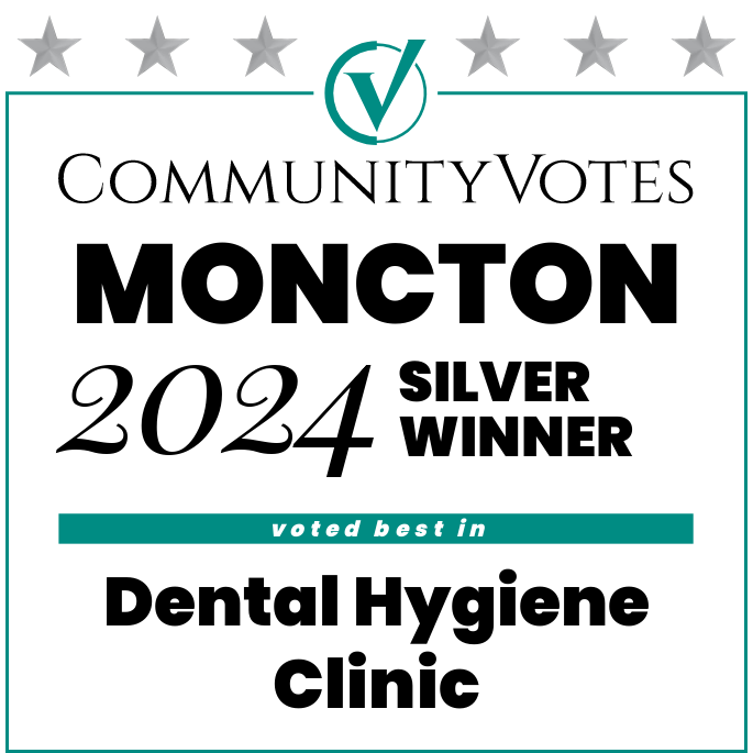CommunityVotes Moncton 2024 Silver Winner badge — Bright White Dental Hygiene Clinic voted best dental hygiene clinic in Riverview, Moncton and Dieppe, New Brunswick.