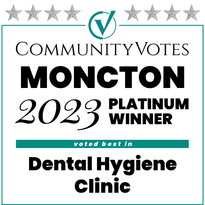 CommunityVotes Moncton 2023 Platinum Winner badge — Bright White Dental Hygiene Clinic voted best dental hygiene clinic in Riverview, Moncton and Dieppe, New Brunswick.